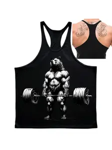 Men's Y-Back Gym Tank Top, Muscular Bear Lifting Barbell Print, Quick Dry Breathable Sleeveless Workout Stringer for Fitness Training
