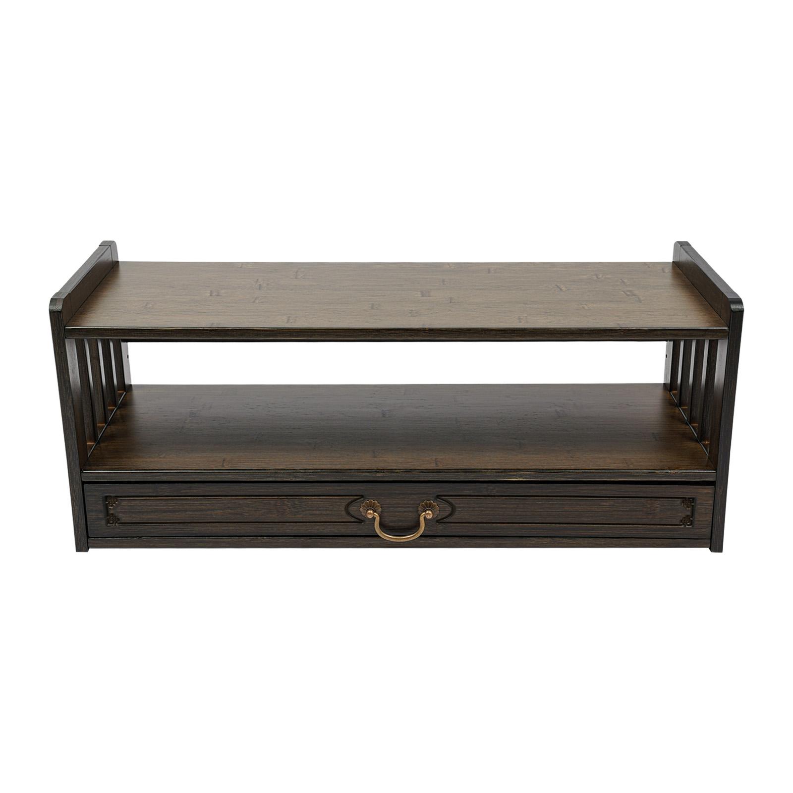 Carved Bamboo Storage Table with 2 Open Shelves & Drawer, 55 lbs Capacity Altar Table for Buddha Statue Meditation Bowl, Pooja Table for Prayer Rituals, Home Shrine Temple Living Room Furniture