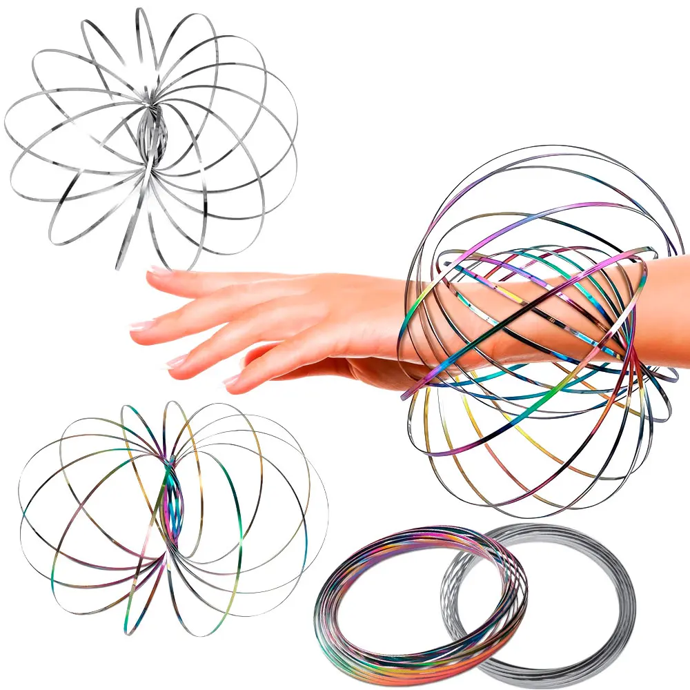 Flow Spinner Rings, Stainless Steel 3D Geometric Bracelets, Rainbow&Silver Kinetic Spiral Rings for Relaxation and Focus, Stylish Fidget Accessories