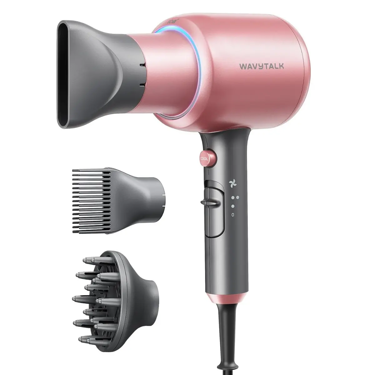 Wavytalk Hair Dryer, Blown Away Ionic Hair Dryer for Curly Hair with Diffuser, 1875W Fast Drying Blow Dryer with Ceramic Technology, 3 Attachments for All Hair Types, Light and Quiet, Rose Gold