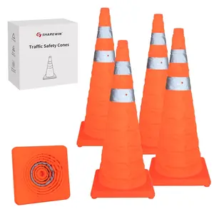 Collapsible Traffic Safety Cones, [4 Pack] 28 Inch Orange Cones, Multi Purpose Pop-up Cones with Reflective Collar for Road Safety, Driving Training, Parking lot