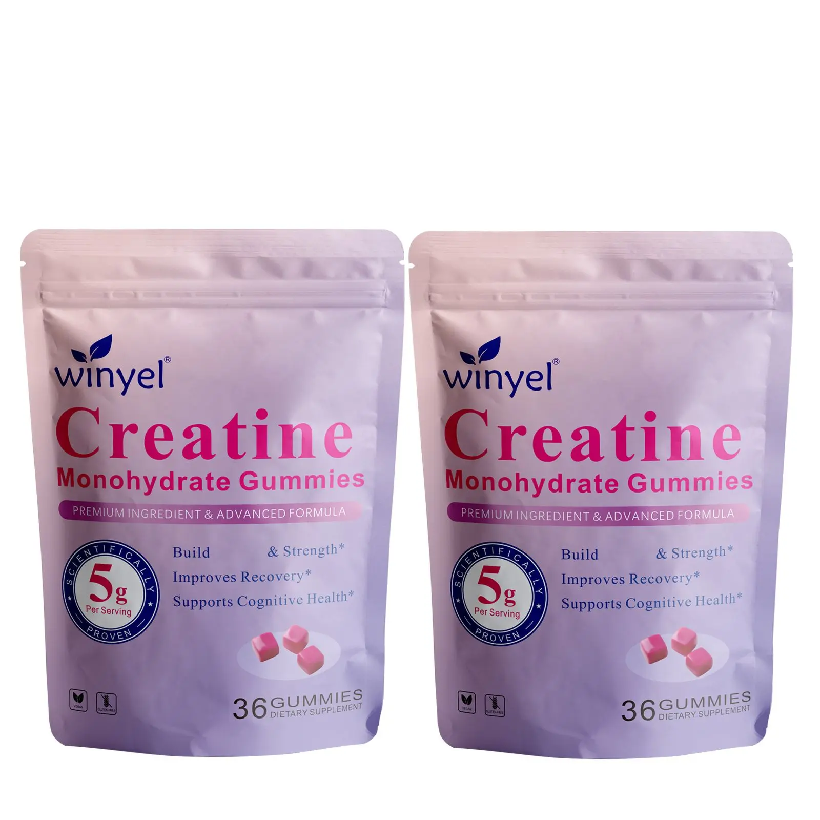 Creatine monohydrate gummies, 5 grams per serving, sugar-free creatine gummies, suitable for workouts, strength, cognitive health, and muscle support, gluten-free, berry-enhanced, 36 gummies.