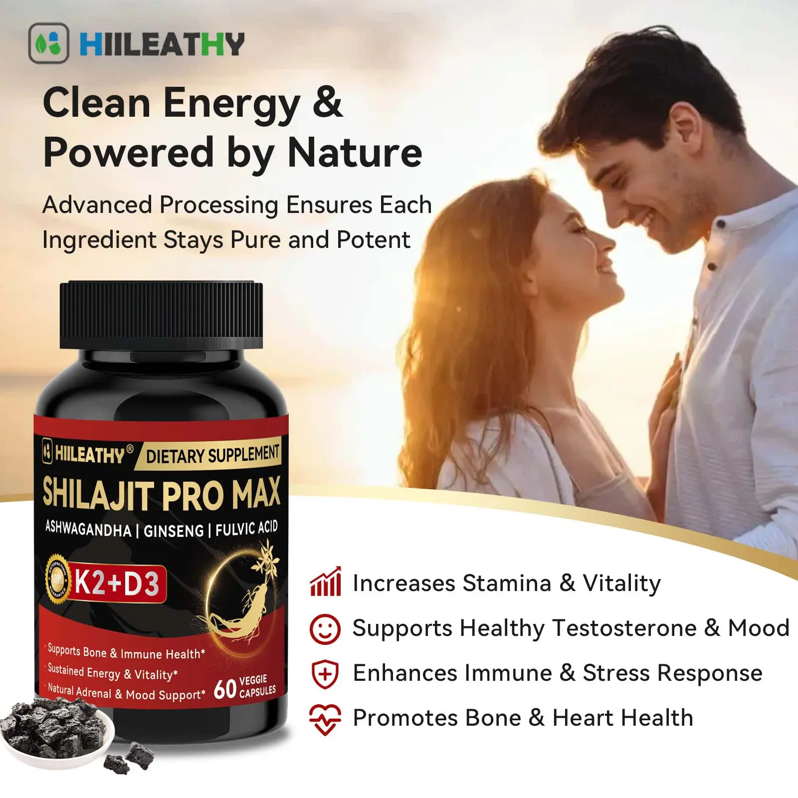 HIILEATHY Optimal Shilajit PRO MAX with K2 & D3 - 60 Capsules - Premium Fulvic Acid & 84+ Minerals for Immune Support Energy & Anti-Aging USA Made