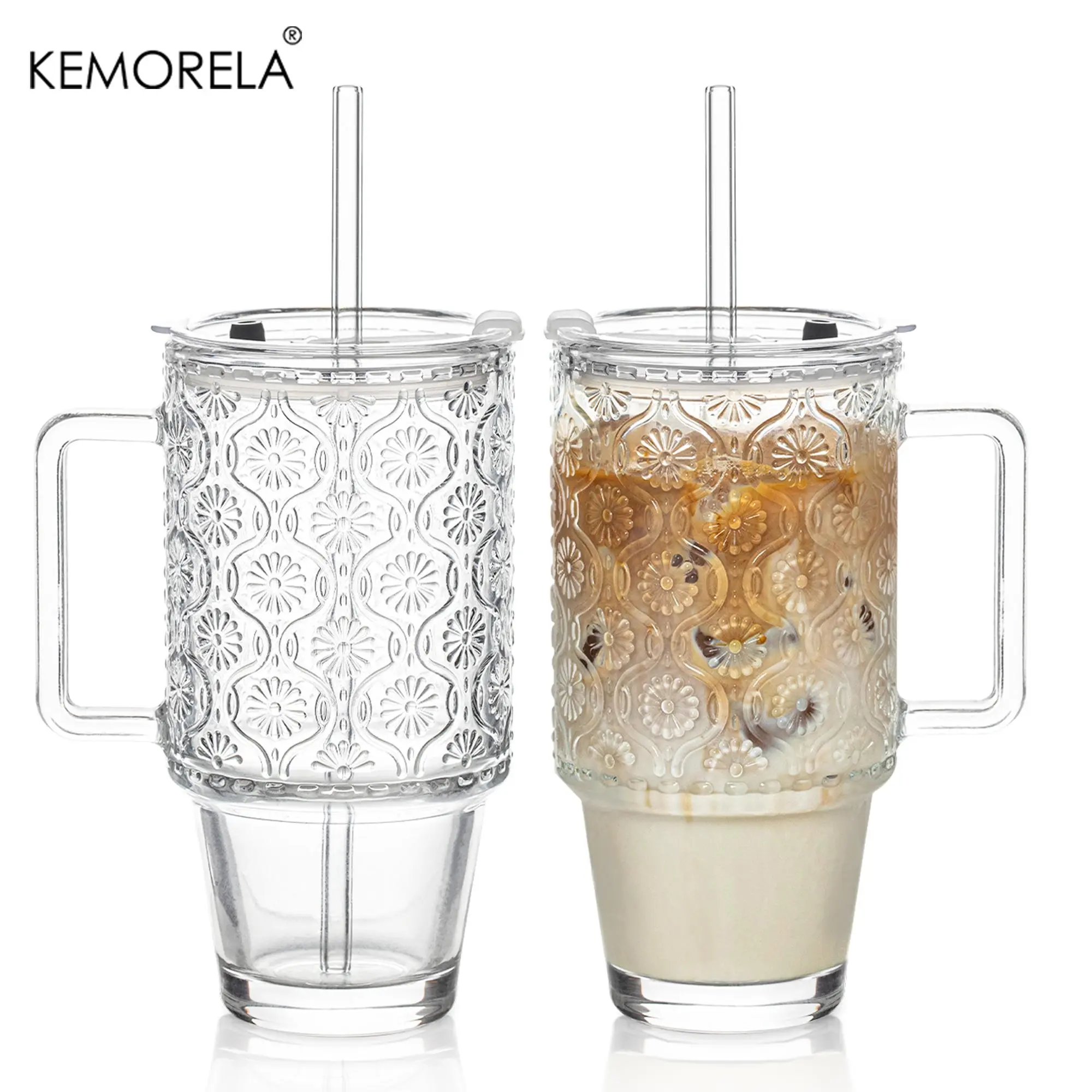 Glass Tumbler with Straw & Lid, Clear Smoothie Cup with Handle, Reusable Tumbler for Beverages, Drinkware for Home Office, Clear Cups with Lids and Straws, Bottles, Glass Water Cup, Glass Drinking Cup, Glassware, Glass Cups