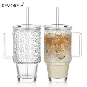Glass Tumbler with Straw & Lid, Clear Smoothie Cup with Handle, Reusable Tumbler for Beverages, Drinkware for Home Office, Bottles, Glass Water Cup, Glass Drinking Cup, Glassware, Glass Cups