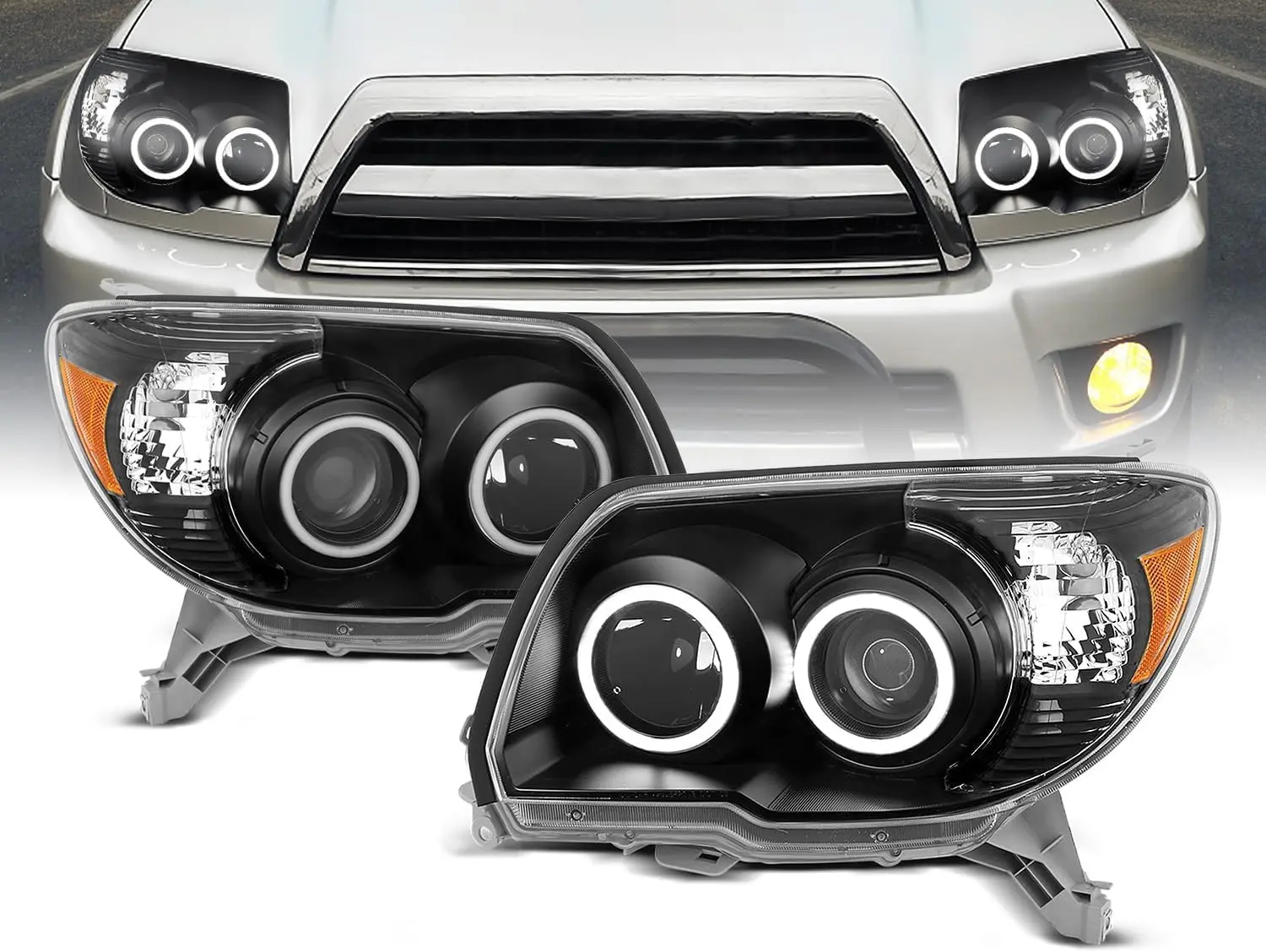AmeriLite for 2006-2009 Toyota 4 Runner Dual Intense LED Halo Black Projector Halogen Headlights Assembly Pair - Passenger and Driver Side