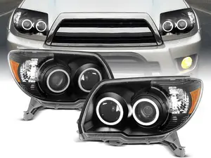 AmeriLite for 2006-2009 Toyota 4 Runner Dual Intense LED Halo Black Projector Halogen Headlights Assembly Pair - Passenger and Driver Side