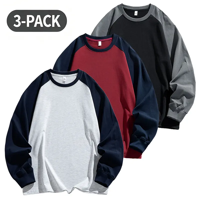 3-Pack Men’s Raglan Sleeve Colorblock Long-Sleeve T-Shirts, American Vintage Baseball Casual Base Layer Tops