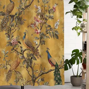 1pc retro floral peacock pattern shower curtain, One Piece, perfect for bathroom decoration, partition, beautify the space, durable polyester material, easy to clean, machine washable, multiple sizes available, free hook