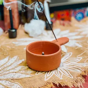 Handcrafted Terracotta Incense Burning Bowl Dish with Handle for Aromatic Relaxation