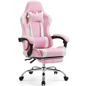 Ergonomic PU Leather Gaming Chair, Height Adjustable 360° Swivel Computer Chair with Footrest, Lumbar Support, Headrest & Fixed Armrest, Recliner Chair for Gaming Office Home Use