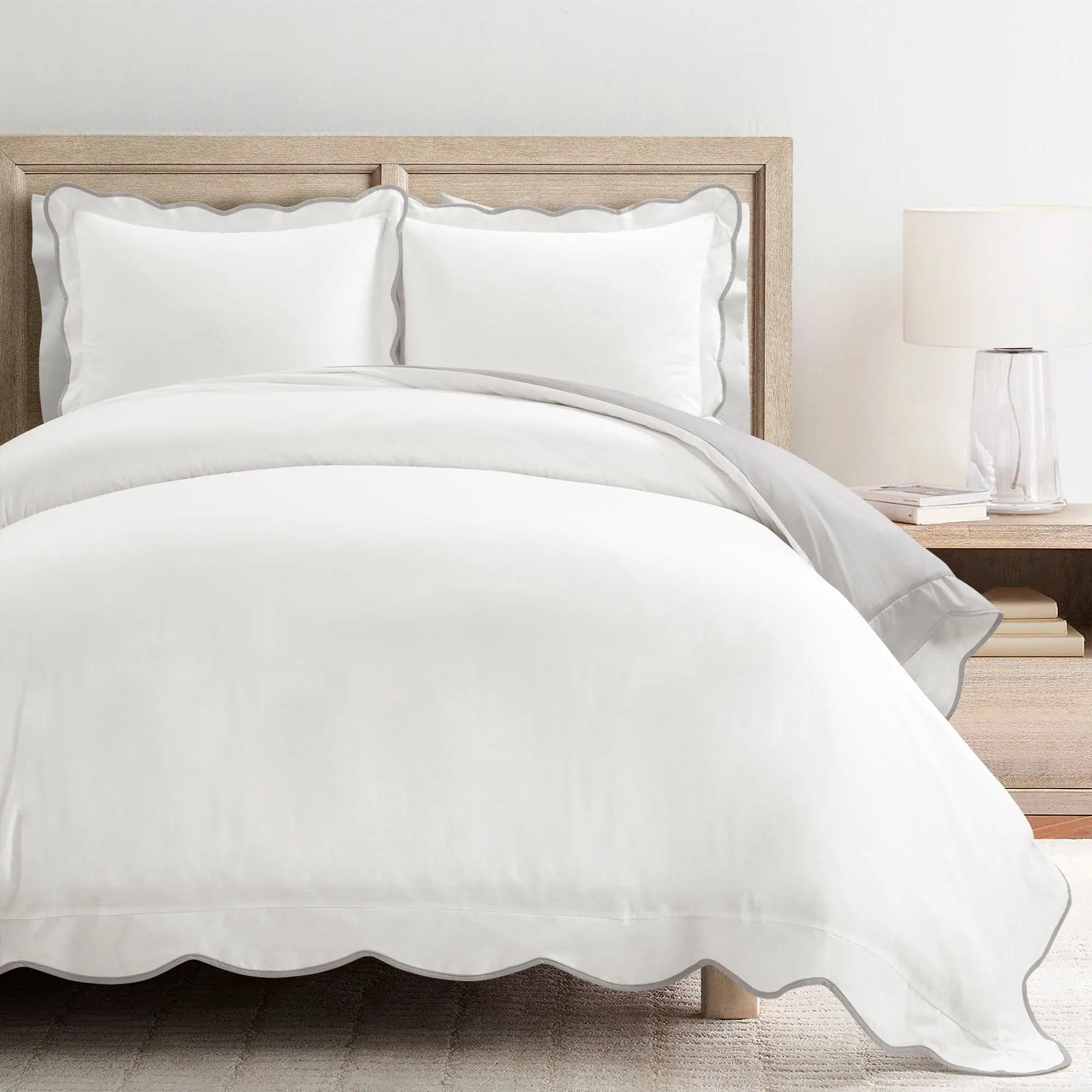 Lush Decor Coastal Chic Scalloped Edge 100% Cotton Reversible Duvet Cover Set, Breathable Duvet Set, Soft Bed Cover with Button Closure & Matching Shams for Cozy Bedrooms