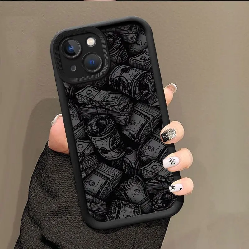 Low-Key Luxury Black TPU Money Pattern Phone Case for iPhone 16 15 14 Pro Max 13 12 11 XR XS Plus Shockproof Full Camera Protection Durable Slim Silicone Cover Cellphone Protective Casing