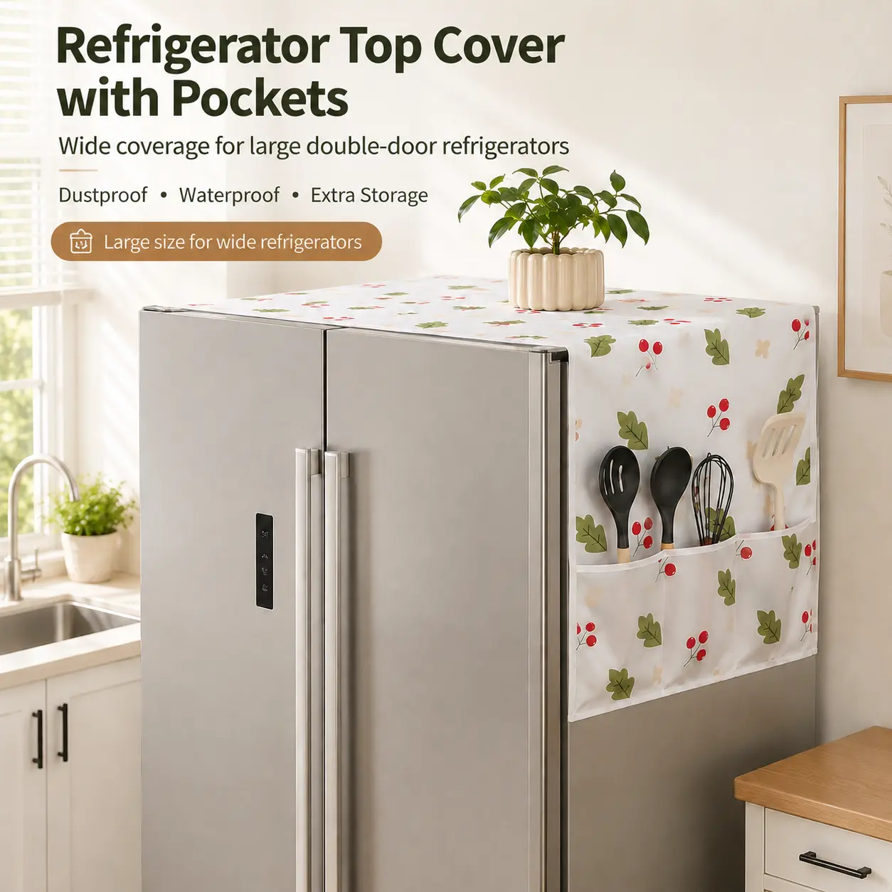 Cherry Print Refrigerator Top Protector - Household Decorative Dust Cover with 6 Side Storage Pockets, Waterproof, Grease-Resistant, Removable, 2 Sizes for Single-Door & Side-by-Side Refrigerators, Kitchen Organization Accessory, Clean Look