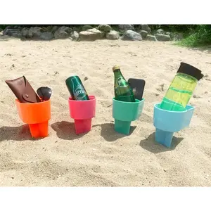 Beach Cup Holder with Pocket, Multifunctional Sand Cup Holder for Beverage Phone Sunglass Key, Beach Accessory Drink Sand Coaster, Set of 4 (Teal, Orange, Blue and )