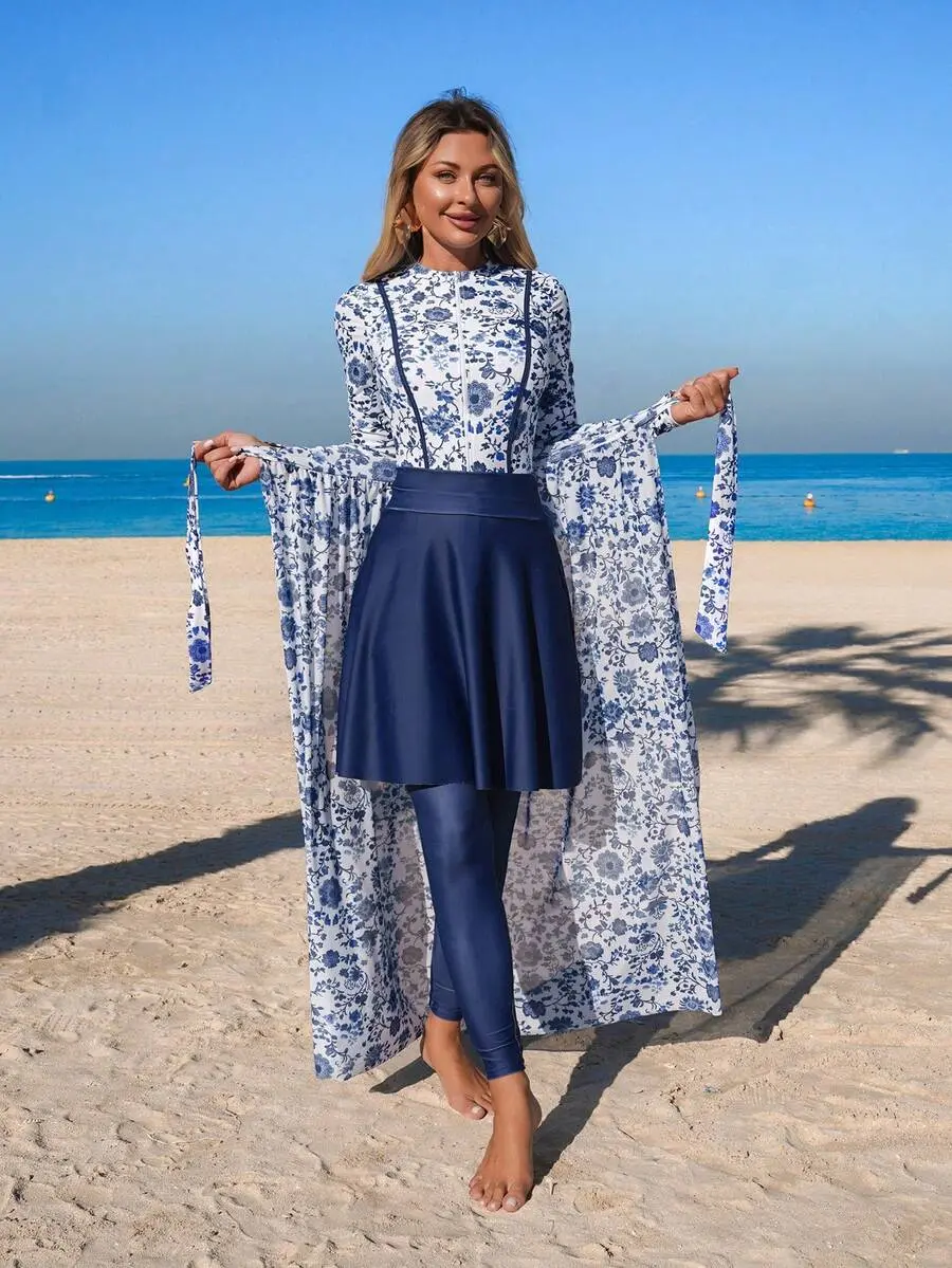 Navy Floral Burkini Set for Women 4 Piece Modest Swimwear Beach Vacation Outfit