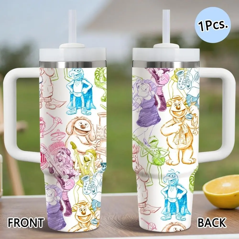 [MADE IN US] PIKPAKA Muppet Colorful Character Pattern Vacuum Flasks 40oz Stainless Steel Funny Dad Tumbler with Handle & Straw, Vacuum Insulated Travel Mug Keeps Drinks Cold Up to 12 Hours, Leak-Resistant Cup for Iced Coffee, Water, Office, Gym or Travel