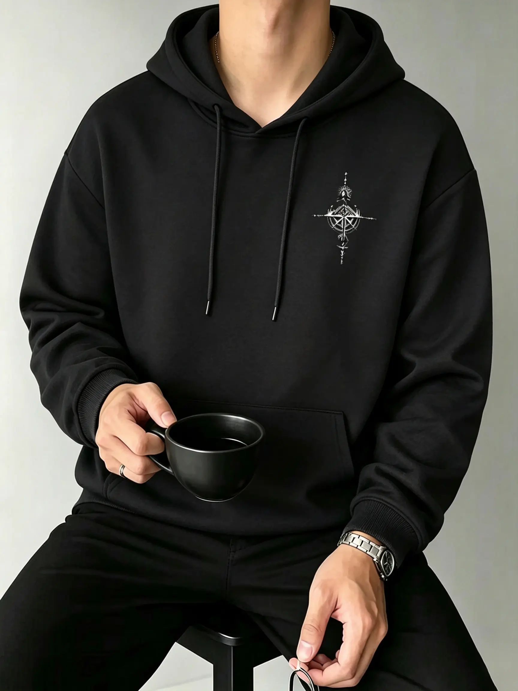 long sleeve pullover sweatshirt  Men's Casual Black Long Sleeve Pullover Sweatshirt - Graphic Hooded Tops
