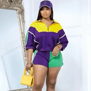 two-piece set woman Color Block Patchwork 2 Pieces Set for Woman Outfits Casual Fitness Joggers Pearls Sweatshirt Top and Shorts Sport Suit Workout