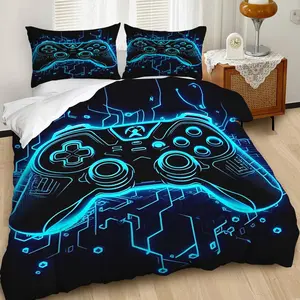 2/3Pcs Futuristic Neon Blue Duvet Cover Set, Cyberpunk Inspired Bedding Set, Glow in the Dark Controller Design with Circuit Patterns, Modern Bedroom Decor, Soft and Comfortable for a Stylish Look Includes 1 or 2 Pillowcase - No filling/Zipper Clos