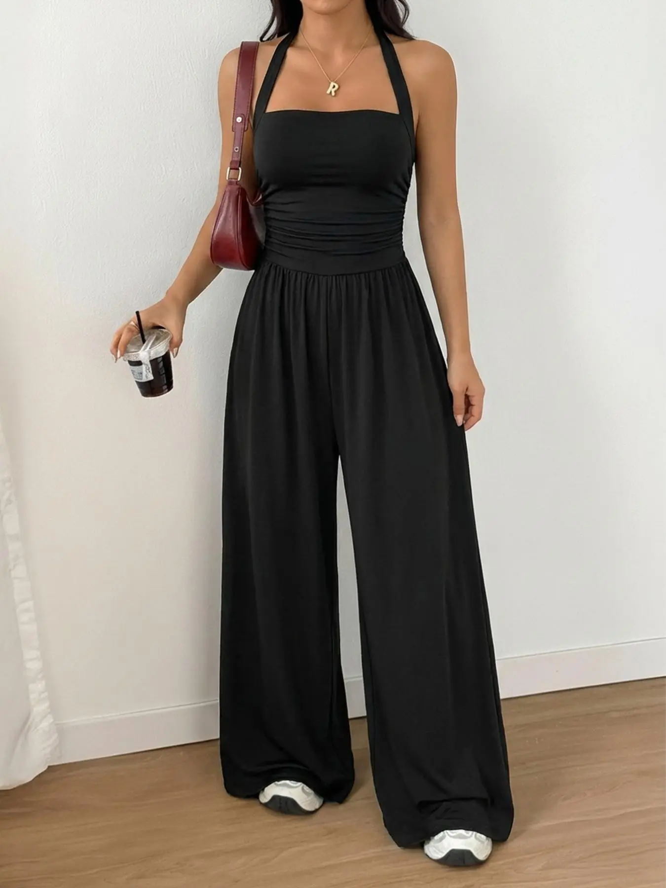 Summer Solid Color Women's Halter Top Backless Fitted High Waist Wide Leg Dress, Comfortable Flowy Fabric, Slimming Summer, Halter Neck, Clothes