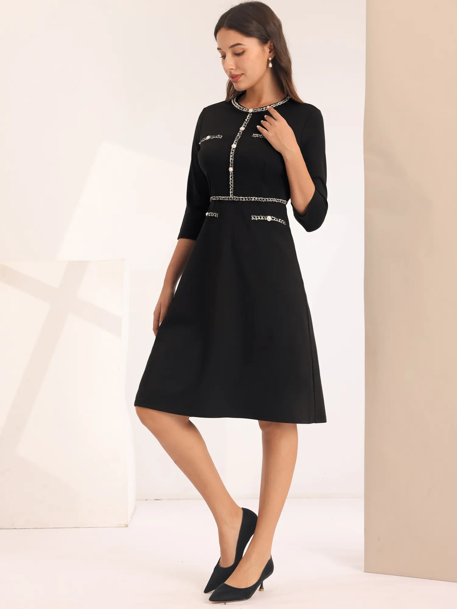 INSPIRE CHIC 3/4 Sleeve A-Line Elegant Tweed Dress