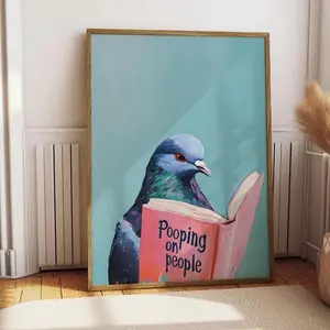 [SALE UP TO 40%] Pigeon Reading Book Wall Art, Funny Bathroom Decor, Pooping on People Poster, Quirky Bird Illustration Print, Unique Home Office Wall Decor
