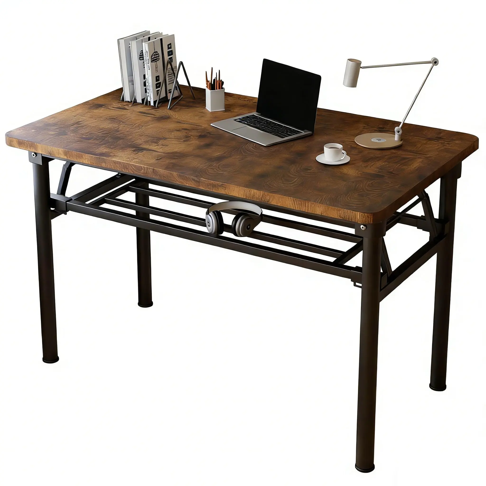 HDOFM Foldable Desk - Multi-Size Rectangular Wood-Metal Frame Work Table (80/100/120cm), Space-Saving Collapsible Writing Desk for Office, Bedroom, Commercial Furniture Use
