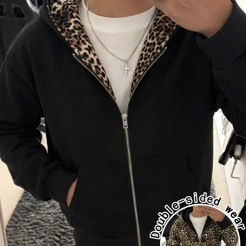 Men’s cotton-blend zip-up hooded sweatshirt, solid color outer layer with leopard print lining, reversible for both sides, loose long sleeves, street-casual jacket with pockets