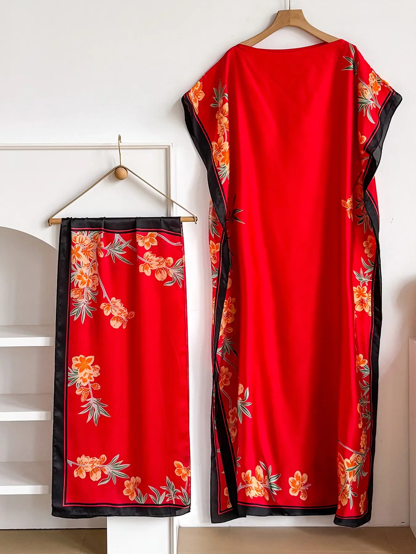 Elegant Boho Floral Print Cape Dress Set, Long Sundress + Headscarf Scarf, Sun Protection Beachwear for Women, All-Season Fitted Style