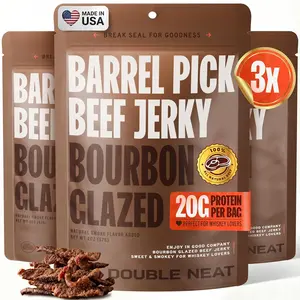Double Neat Barrel Pick Bourbon Glazed Beef Jerky – Gluten Free – Whiskey Infused, Sweet and Smokey, High Protein, Healthy Snacks – Low Sodium – Gourmet Beef Jerky Gifts for Men – 2 Ounces Each, Pack of 3