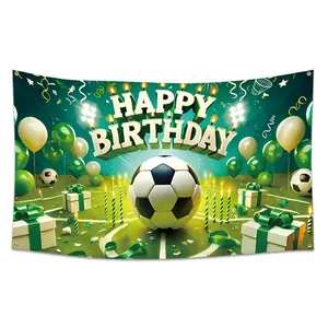 1pc Happy Birthday Flag Banner |   Green, Balloons, Football Theme, 2*3ft or 3x5ft, 4 Grommets, Single-Sided Printing, Polyester, Suitable for Indoor, Outdoor, Home, Garden, Lawn, Room, Party Decorations
