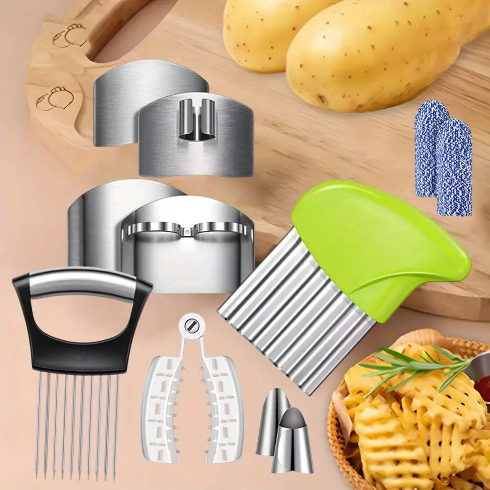 11 Pieces Finger Guard Set for Cutting Include 4 Stainless Steel Knife Cutting Protector 2 Thumb Guard Protector 2 Finger Cots Potato Butter Lettuce Crinkle Cutter Onion Holder Slicer Mandoline Slicer