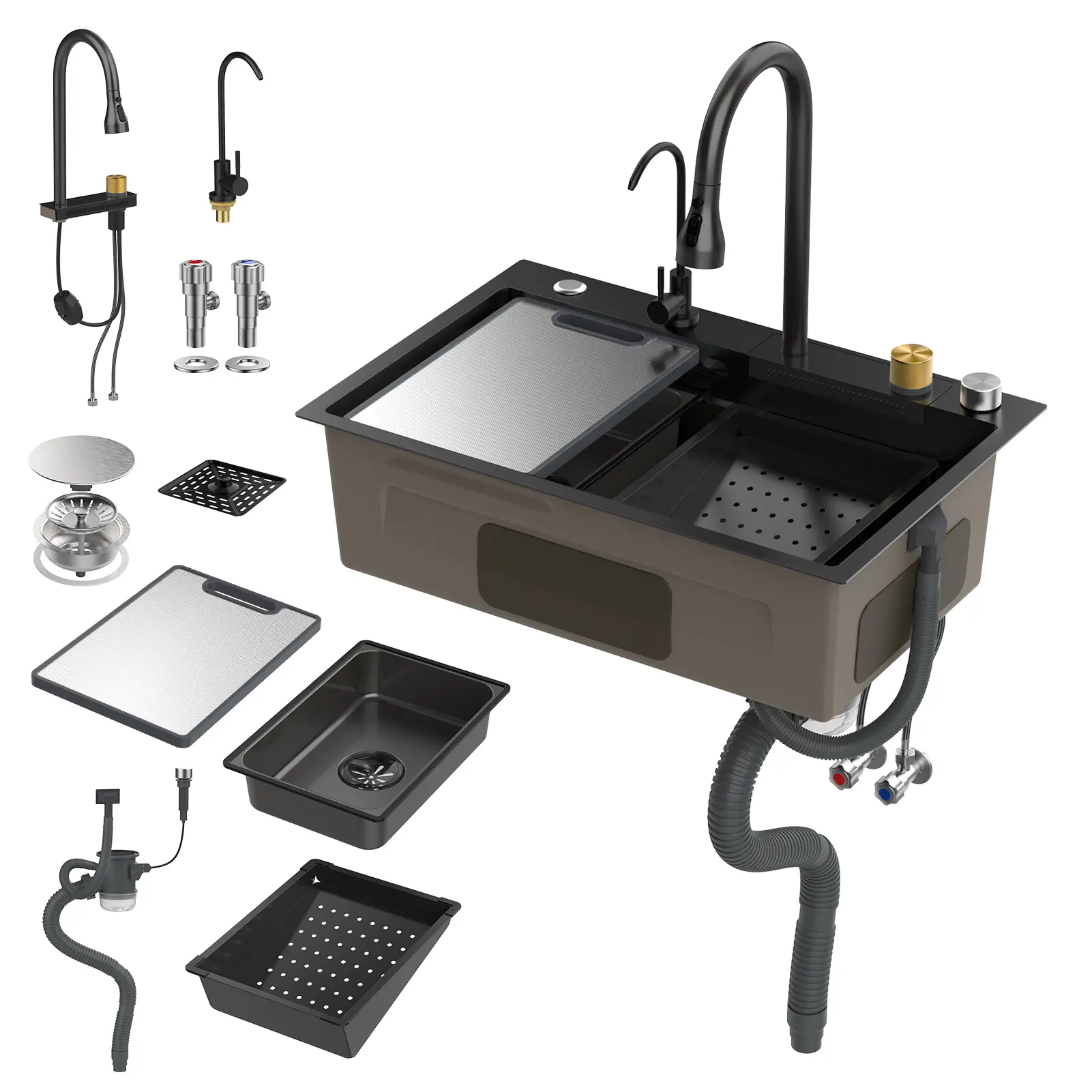 Huxhwsi Black Waterfall Kitchen Sink, Stainless Steel Single Bowl Workstation Sink with Cup Rinser, Drop-In or Undermount, 26.8 x 17.7 in