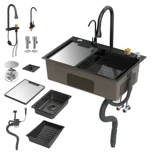 Huxhwsi Black Waterfall Kitchen Sink, Stainless Steel Single Bowl Workstation Sink with Cup Rinser, Drop-In or Undermount, 26.8 x 17.7 in