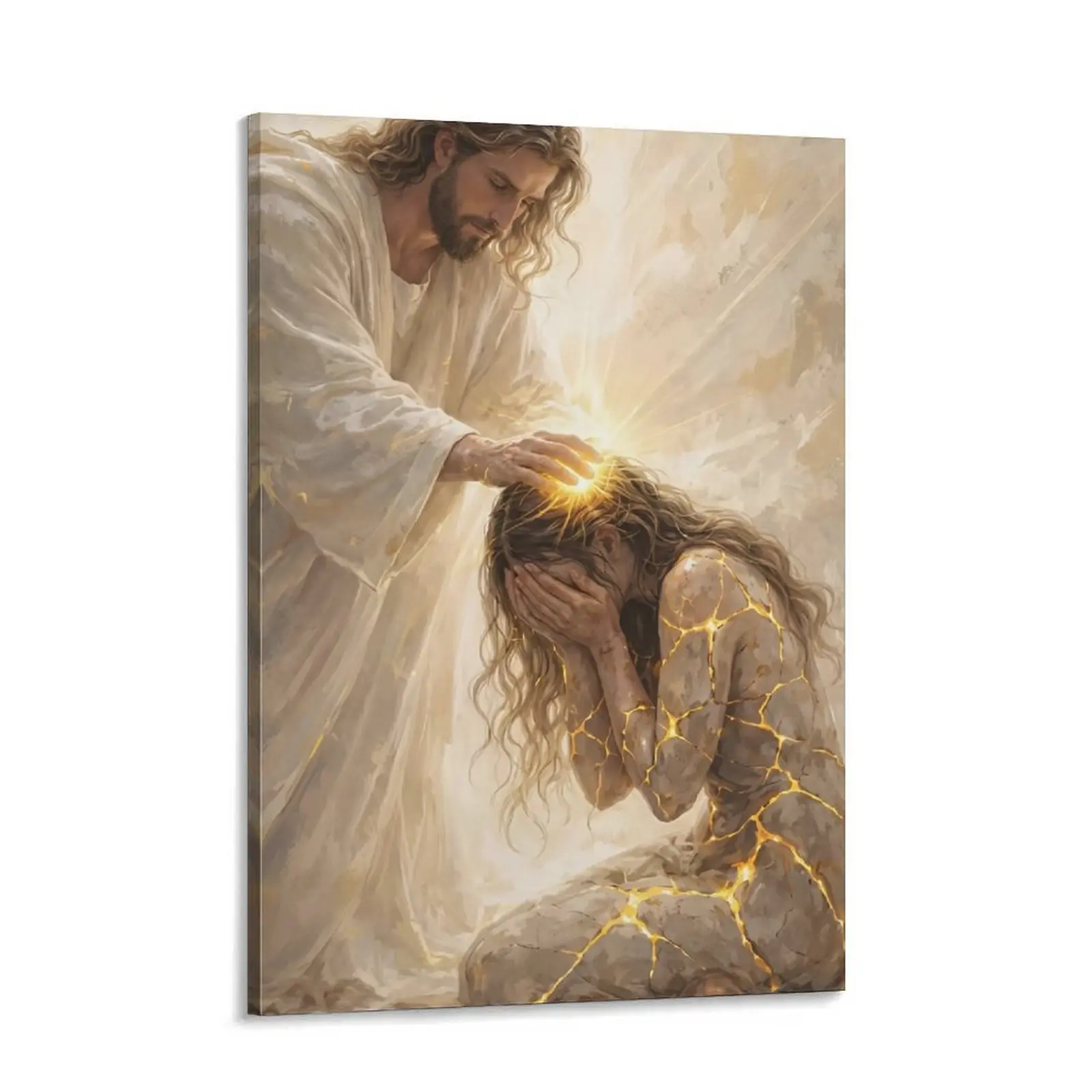 Jesus Christ Healing Woman Canvas Print - Kintsugi Style Christian Wall Art - Religious Home Decor for Living Room - Restoration & Hope Faith Painting wall decor religious print Decoration Artistic