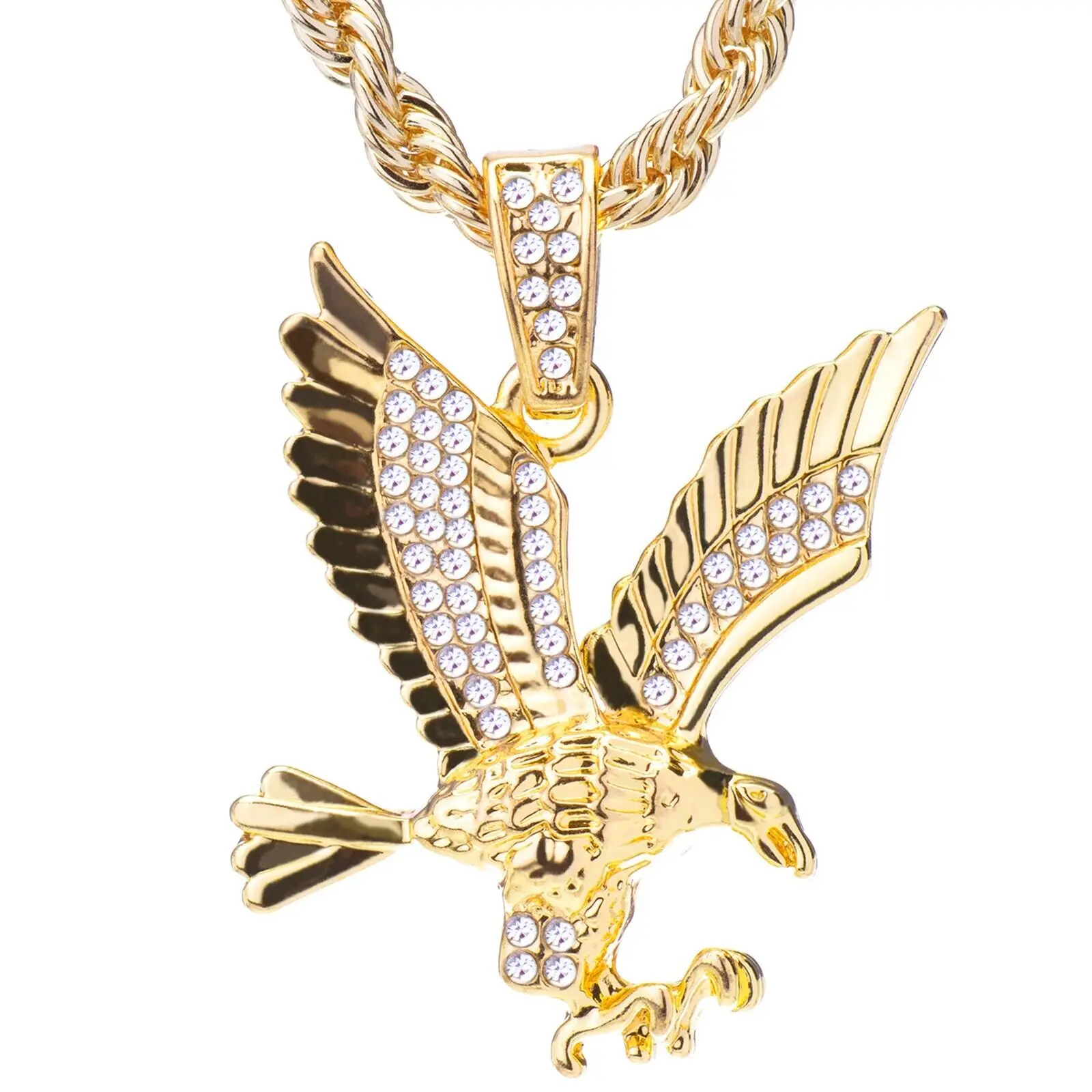 MaxBling81 Unisex Iced Out Eagle Pendant Necklace, Gold/Silver Plated with Sparkling Rhinestones, 4mm Rope Chain 18-24 Inch, Iced Out Jewelry, Sparkling Rhinestones Chains