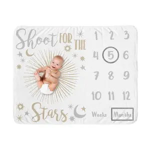 Sweet Jojo Designs Star and Moon Girl Milestone Blanket Monthly Newborn First Year Growth Mat Baby Shower Memory Keepsake Gift Picture - Gold and Grey Celestial Shoot for the Stars Space