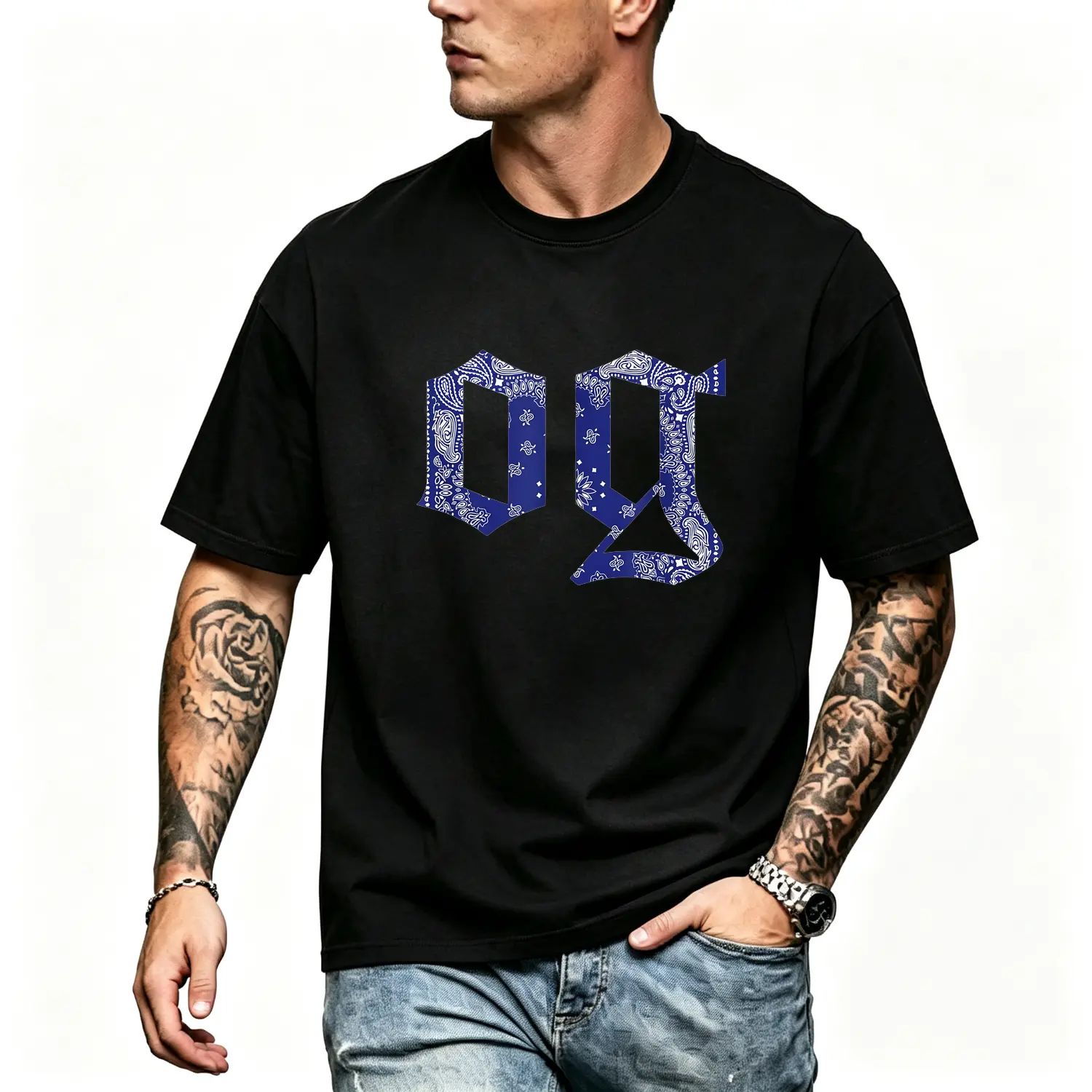 Cotton T Shirt Men Bandana Print Graphic Tee Urban Retro Streetwear Vintage Inspired Compton Style Casual Everyday Wear