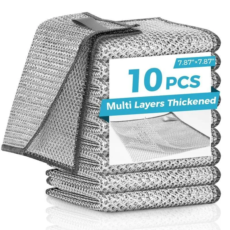 Multipurpose Non-Scratch Wire Dishcloths - 10 Counts Double-Layer Reusable Dishwashing Rags for Kitchen Cleaning Sinks Pans & Dishes Washable Durable Multi Layers Thickened 7.87"x7.87"