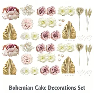 Boho Cake Topper Flower Palm Leaves Cake Decorations for Bohemian Wedding Baby Shower Birthday Party Supplies (32 PCS )