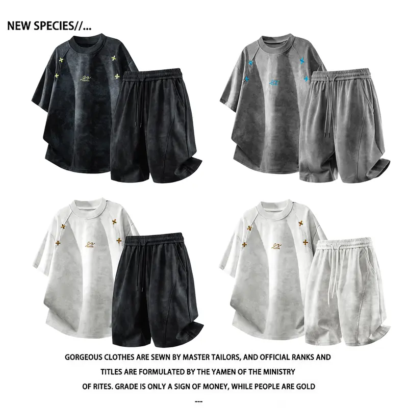 Men's 2-Piece Fashion Embroidery Clothing Set - Summer Washed Vintage Short-Sleeve Crew Neck T-Shirt & Shorts, Comfortable Normal Type Street-Style Casual Athletic Outfit for Daily Activities