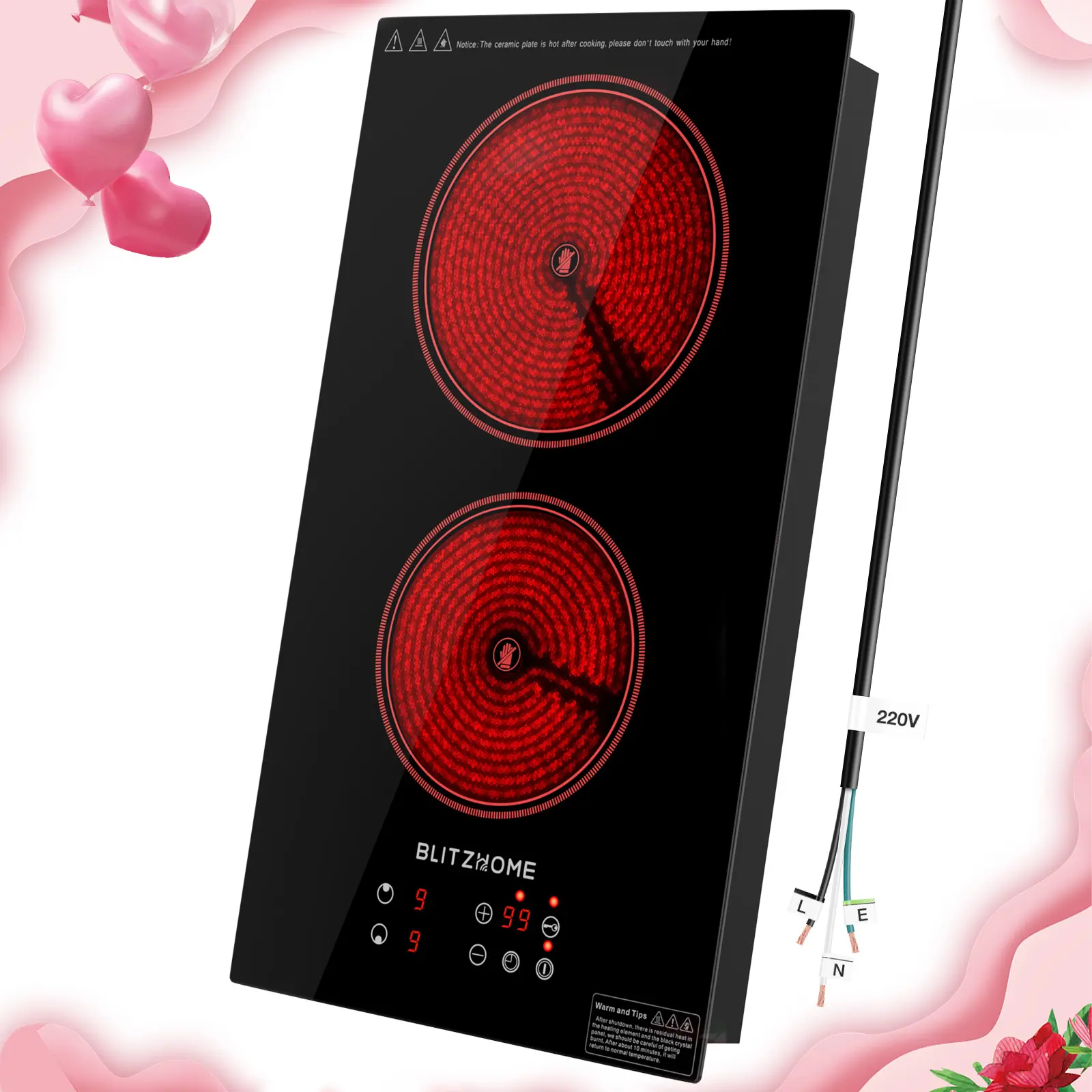 [Summerwins] Electric Stove Top 2 Burner, 12inch Electric Cooktop, Built-in Ceramic Cooktop with 9 Power Levels/Timer/Child Safety Lock/Touch Control/Overheat Protection, 220-240V, Hard Wire, No Plug