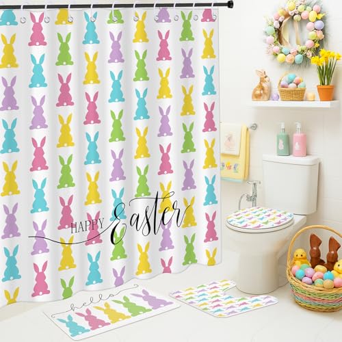 4/8Pcs Easter Bunny Bathroom Decor Set including 70x70in Waterproof Bunny Flower Shower Curtain with Hooks & Non Slip Bath Mat & U shaped Rug & Toilet Lid Cover for Spring Bathroom Makeover Home Supplies