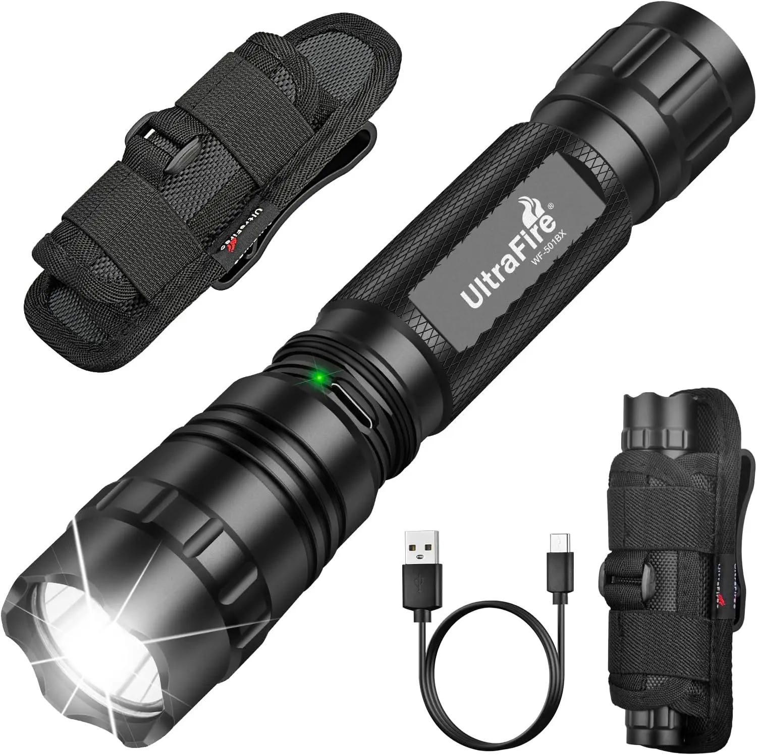 UltraFire WF-501BX Flashlight 1000LM USB-C with 402 Holster, 360° Rotatable Hands-Free LED Torch for Security Officer Patrol, Night Shift Work Emergency Camping Gear, Utility Pouch Light