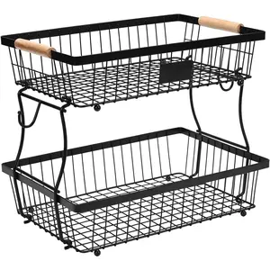 Fruit Basket Bowl 2 Tier Detachable with 2 Banana Hangers, Fruit Stand Holder for Kitchen Countertop, Metal Wire Vegetable Storage Organizer, for Bread Snack Veggies Produce, Black sink dish drainer