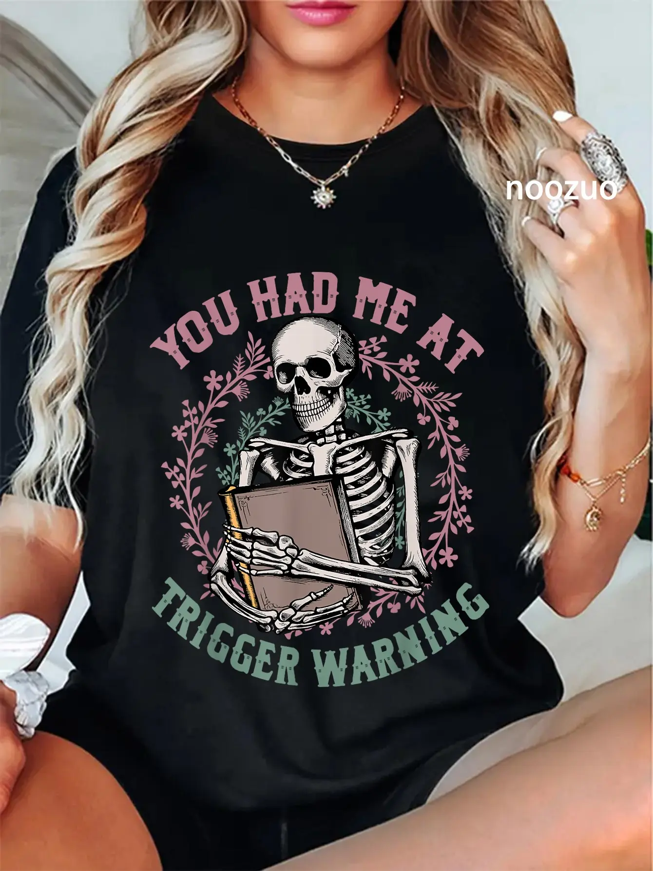 100% Cotton Unisex Dark Romance Had Me at Trigger Warning Skeleton Smutt Book T-Shirt Casual Top