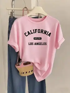 Women's, Womenswear Crew Neck Short Sleeve Tee California Los Angeles EST 1776 Vintage Collegiate Text Print Multiple Colors Available Oversized Fit Soft Breathable Cotton Blend Washable No Shrink No Fade All-Season Versatile Casual Tee