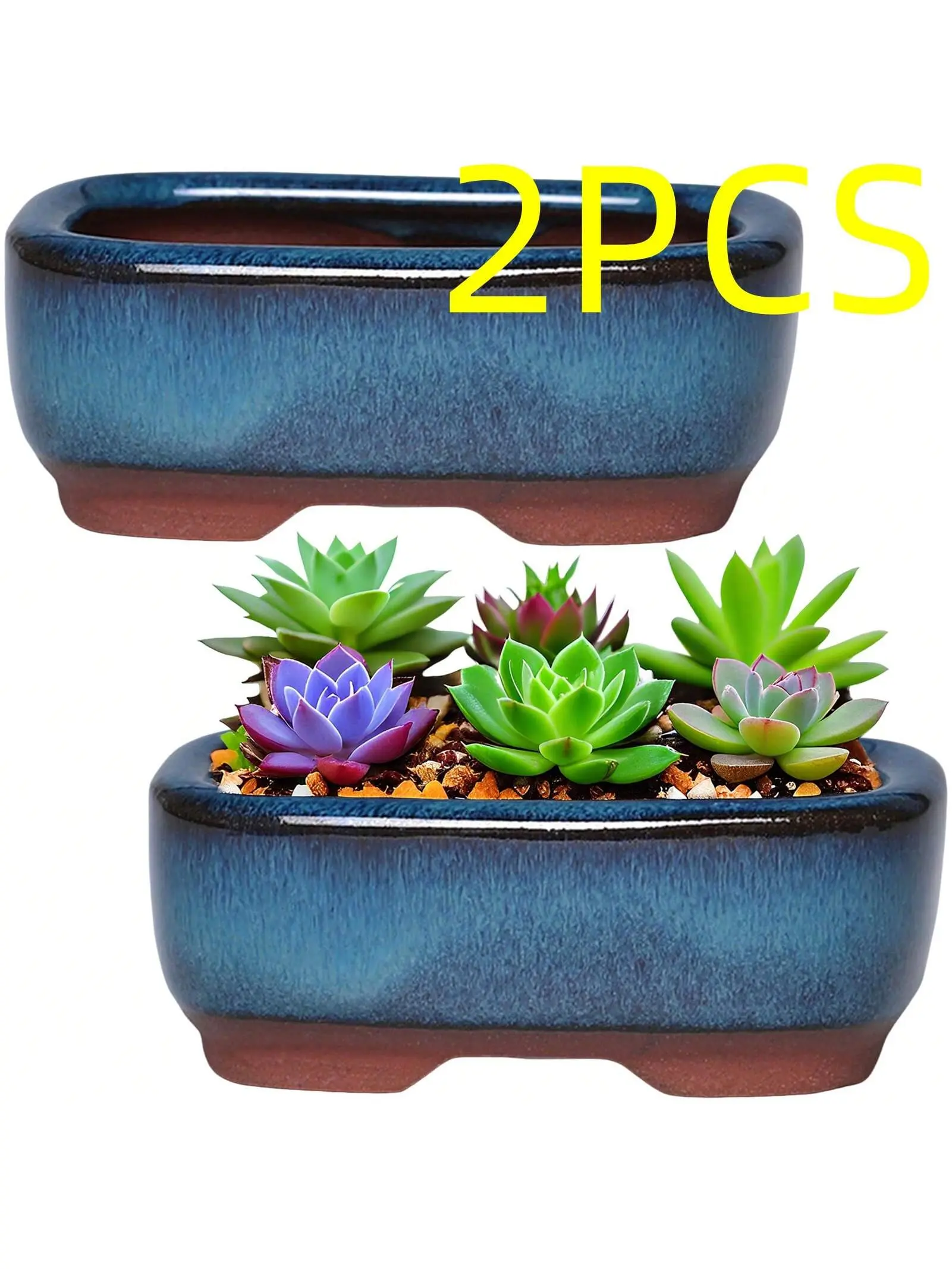 2PCS Compact Ceramic Long Rectangle Succulent Planters - Decorative Containers with Drainage Holes, Outdoor Flower Pots, Indoor Plants Holders, Window Planter for Shelves, Planter Pots For Indoor Plants