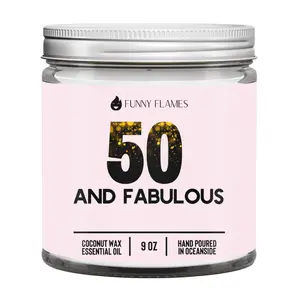 Funny Flames 50 And Fabulous Candle - 9 Oz Coconut Wax Jar with Lid - Vanilla Scented Decor Ornament - 80+ Hour Burn Time - Vegan & Paraben-Free - Hand Poured in Oceanside, CA